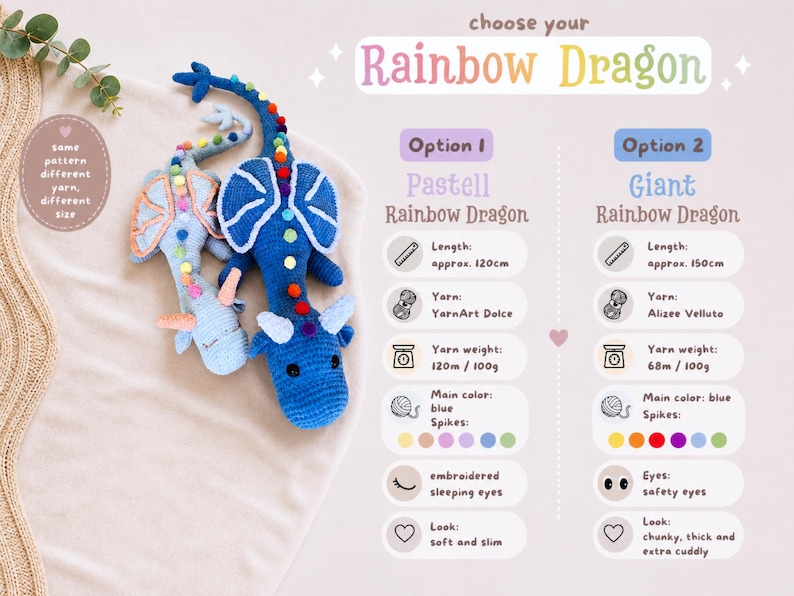 May include: Crocheted Rainbow Dragon toys in blue, light blue, and orange. The image includes text that says "Choose your Rainbow Dragon" and details about the yarn, length, and weight of the dragons. The dragons are approximately 120cm and 150cm long.