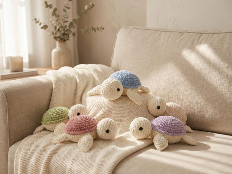 May include: A collection of handmade crochet turtle toys in various pastel colors, including blue, green, pink, and purple. The turtles are arranged on a cream-colored blanket and sofa, creating a cozy and inviting scene.