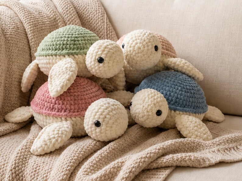 May include: A collection of handmade crochet turtle plushies in various pastel colors. The turtles have cream-colored bodies, flippers, and heads, with shells in shades of green, pink, blue, and peach. They are arranged on a beige knitted blanket.