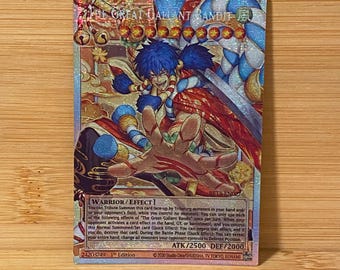 May include: A holographic trading card titled The Great Gallant Bandit featuring a blue-haired character in red and blue attire with a hand extended forward. The card displays Warrior/Effect text, 2500 ATK, 2000 DEF, and 1st Edition markings.