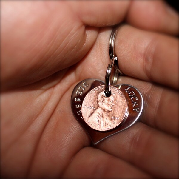 New Heart shaped Blessed,  Lucky Us Keychain made of stainless steel with  2 pennies