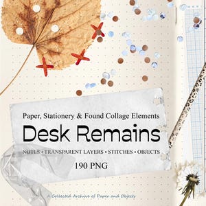 Może przedstawiać: Cyfrowy zestaw do kolażu zatytułowany Desk Remains zawierający papier, artykuły papiernicze i znalezione przedmioty. Elementy obejmują formularz księgowy, ususzony liść z czerwonymi krzyżykami, ołówek w panterkę oraz w paski zebry.