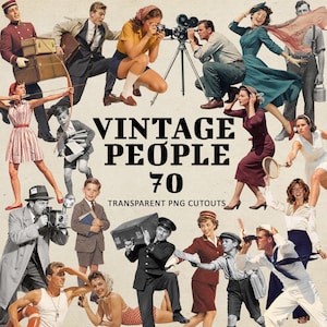 Puede incluir: Una colección de ilustraciones de estilo vintage que muestran a varias personas con vestimenta de mediados de siglo, incluyendo un botones, un fotógrafo, una mujer con vestido azul verdoso y un marinero, con el texto VINTAGE PEOPLE 70 TRANSPARENT PNG CUTOUTS.