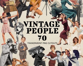70 Vintage People PNG Bundle, Retro Human Cutouts, Mid Century Clipart for Digital Collage