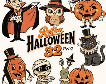 Vintage Halloween PNG Bundle, Retro Spooky Character Clipart, Halloween Stickers (Digital Download)