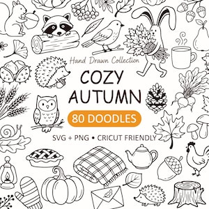 Pode incluir: Uma coleção de desenhos em preto e branco com temas de outono, incluindo um esquilo, guaxinim, coruja, ouriço, coelho, abóbora, torta, cobertor xadrez, bule, caneca, folhas, bolotas e cogumelos com o texto Cozy Autumn 80 Doodles.