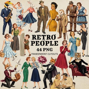Könnte beinhalten: Eine Sammlung von Illustrationen im Vintage-Stil mit Personen in Kleidung aus der Mitte des Jahrhunderts, einige mit Tierköpfen, darunter ein Nashornvogel, Hase, Eule, Fuchs und Tiger. Der Text lautet RETRO PEOPLE 44 PNG TRANSPARENT CUTOUTS.