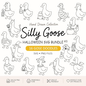 May include: A collection of sixteen black and white line art illustrations of geese in Halloween costumes, including a mummy, a witch, and a skeleton. The text reads Hand Drawn Collection Silly Goose HALLOWEEN SVG BUNDLE #3 16 GOSE DOODLES.