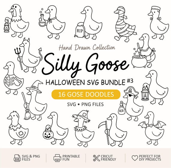 Halloween Goose SVG Bundle, Silly Goose Doodles, Spooky Goose Clipart, Halloween PNG for Cricut & Sublimation