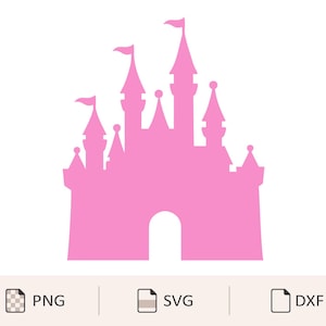Op de afbeelding: Roze kasteelsilhouet met meerdere torentjes en vlaggen, tegen een witte achtergrond. De afbeelding is een vectorafbeelding, geschikt voor digitale ontwerpprojecten. Bestandsformaten: PNG, SVG en DXF.