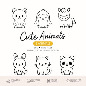 Może przedstawiać: Zestaw sześciu czarno-białych zwierząt z kreskówek: niedźwiedź, pingwin, koń, królik, kot i panda. Napis "Cute Animals" jest napisany kursywą. Zawiera pliki SVG i PNG, idealne do Cricut i projektów DIY.