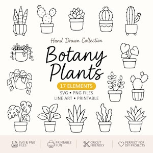 Könnte beinhalten: Eine Sammlung von 17 handgezeichneten botanischen Pflanzenillustrationen im SVG- und PNG-Format. Die Schwarz-Weiß-Strichzeichnungen zeigen verschiedene Topfpflanzen, Kakteen und Sukkulenten. Der Text "Botany Plants" und "17 Elements" ist ebenfalls enthalten.