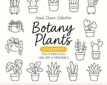 17 Botanical Clipart Set – Minimalist Plant Line Art Bundle, Black & White Floral SVG PNG, Procreate Stamps, Cricut Cut Files
