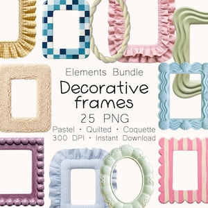 May include: A digital collection of 25 decorative frames featuring various textures and patterns including yellow gingham ruffles, blue checkered squares, pink ruffles, wavy green, shell-edged blue, fuzzy beige, purple spheres, and striped pink.
