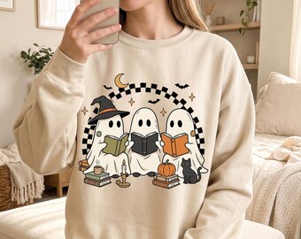 Cute Ghost Reading Books PNG, Bookish Vintage Halloween Design, Spooky Season, Halloween Shirt PNG Digital Download