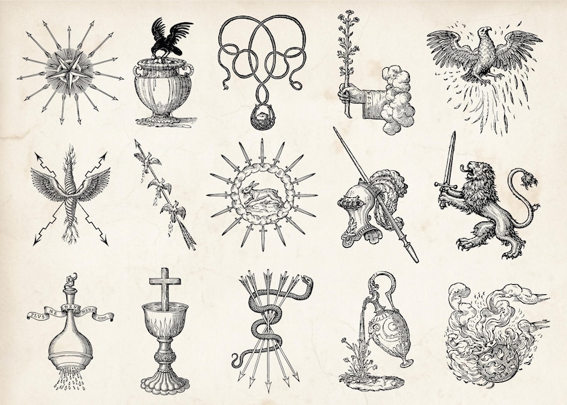 Op de afbeelding: Een verzameling vintage zwart-wit illustraties met verschillende symbolische ontwerpen. Deze omvatten een kompasroos, een vogel op een vaas, verstrengeld touw, een hand die een plant vasthoudt, een adelaar, een gevleugeld wezen, een konijn omringd door zwaarden, een helm, een leeuw met een zwaard, een fles, een kelk, pijlen en een slang, en een vurig ontwerp.