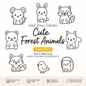 May include: A set of eight hand-drawn black and white illustrations of cute forest animals, such as a mouse, rabbit, raccoon, bear, squirrel, fox, bird, and hedgehog. The text "Cute Forest Animals" is displayed.