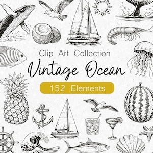 Puede incluir: Colección de imágenes prediseñadas en blanco y negro titulada "Vintage Ocean" con 152 elementos. Incluye ilustraciones de ballenas, veleros, peces, piñas, caballitos de mar y otros objetos náuticos y marinos.