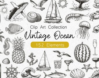 May include: A collection of vintage ocean-themed clip art elements in black and white. Includes illustrations of a whale, sailboat, fish, seahorse, pineapple, and other nautical elements. The text "Vintage Ocean" and "152 Elements" are also present.