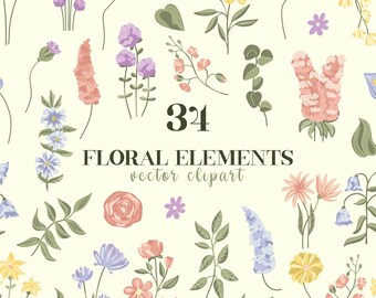 May include: A set of 34 floral elements in various colors, including pink, blue, yellow, and green. The elements are perfect for creating digital or printed designs, such as invitations, cards, and patterns.