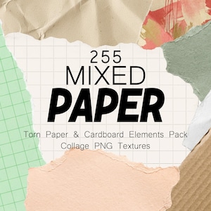 Puede incluir: Una colección de 255 elementos de papel y cartón mezclados con bordes rasgados en varias texturas y colores, incluyendo papel cuadriculado verde claro, beige, rojo, verde salvia, blanco y cartón corrugado marrón con el texto 255 MIXED PAPER.
