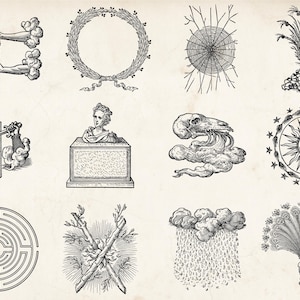 Op de afbeelding: Een verzameling van twaalf zwart-wit vintage illustraties. De afbeeldingen bevatten een lauwerkrans, een borstbeeld op een sokkel, een zon met een gezicht, een doolhof en andere gedetailleerde tekeningen met een klassiek thema.