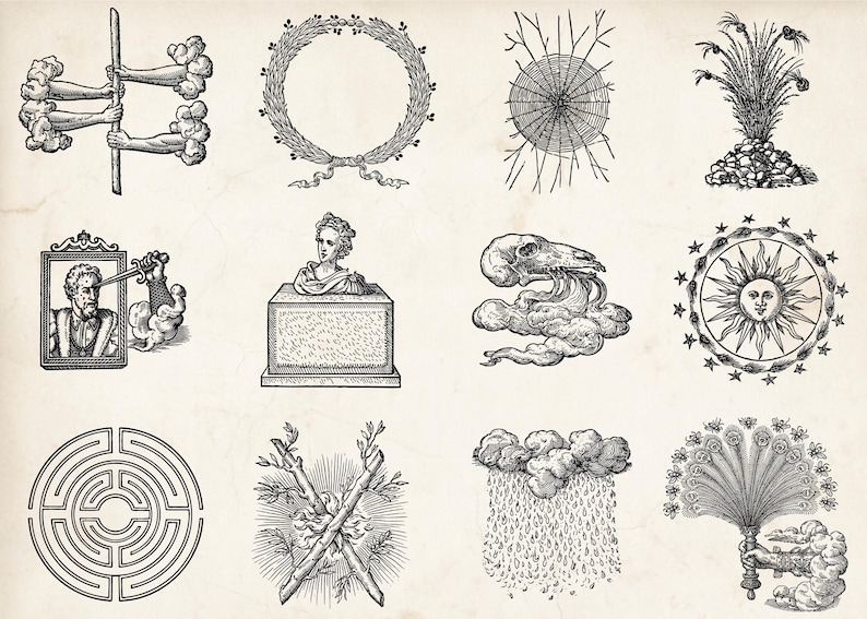 Op de afbeelding: Een verzameling van twaalf zwart-wit vintage illustraties. De afbeeldingen bevatten een lauwerkrans, een borstbeeld op een sokkel, een zon met een gezicht, een doolhof en andere gedetailleerde tekeningen met een klassiek thema.