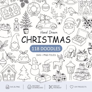 Op de afbeelding: Een verzameling handgetekende kerst-doodles in zwart-wit met een peperkoekplaat, krans, rendier, de Kerstman, cadeaus, een sneeuwman en een peperkoekhuisje. De centrale tekst luidt Hand Drawn CHRISTMAS 118 DOODLES SVG + PNG FILES.