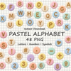 May include: A collection of round pastel-colored beads featuring gold embossed letters, numbers, and symbols. The text reads: Instant Download. PASTEL ALPHABET 48 PNG Letters • Numbers • Symbols. The beads are arranged on a white grid background.