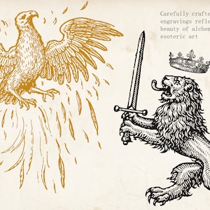 Op de afbeelding: Vintage gravure met een gouden adelaar en een leeuw met een zwaard, met een kroon erboven. De afbeelding bevat de tekst: "Zorgvuldig vervaardigde vintage gravures die de schoonheid van alchemistische en esoterische kunst weerspiegelen."