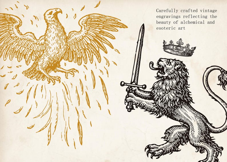 Op de afbeelding: Vintage gravure met een gouden adelaar en een leeuw met een zwaard, met een kroon erboven. De afbeelding bevat de tekst: "Zorgvuldig vervaardigde vintage gravures die de schoonheid van alchemistische en esoterische kunst weerspiegelen."