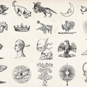 Op de afbeelding: Een verzameling vintage illustraties in zwart-wit. De afbeeldingen tonen een hond, een kroon, een haan, een kelk, een mannenprofiel, een adelaar, een boom en een zwaard. De illustraties hebben een klassieke, antieke stijl.