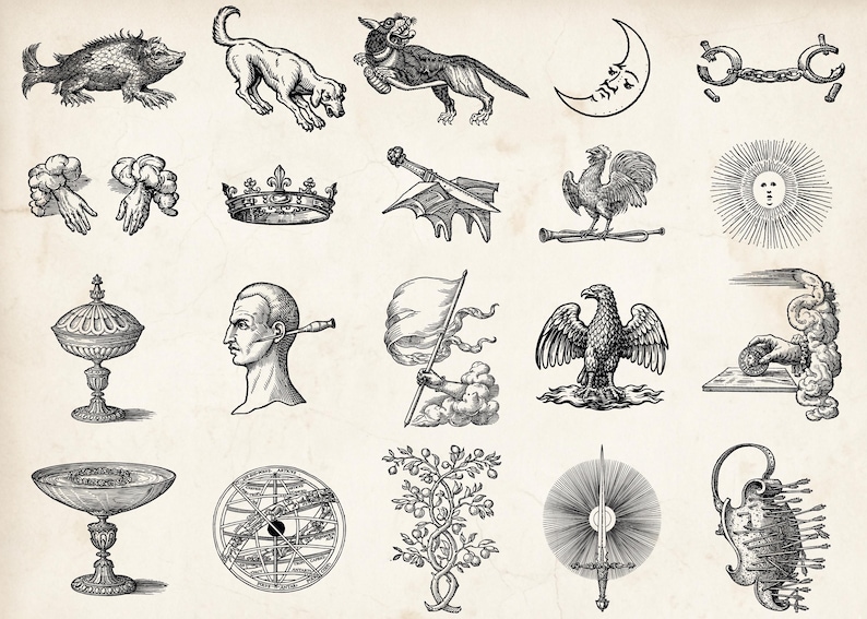 Op de afbeelding: Een verzameling vintage illustraties in zwart-wit. De afbeeldingen tonen een hond, een kroon, een haan, een kelk, een mannenprofiel, een adelaar, een boom en een zwaard. De illustraties hebben een klassieke, antieke stijl.
