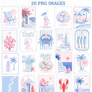 May include: Watercolor coastal clipart featuring 20 PNG images. The images include beach scenes, a crab, a sailboat, oysters, a lobster, and palm trees. The color palette is primarily blue, pink, and white, with a coastal theme.