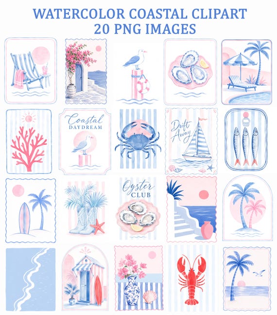 Watercolor Coastal PNG Bundle, Summer Beach Clipart, Nautical Clipart, Oyster Seashell Palm Tree PNG, Preppy Beach House