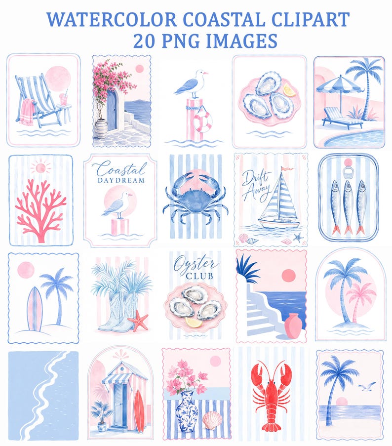 May include: Watercolor coastal clipart featuring 20 PNG images. The images include beach scenes, a crab, a sailboat, oysters, a lobster, and palm trees. The color palette is primarily blue, pink, and white, with a coastal theme.