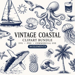 Könnte beinhalten: Eine Sammlung von Vintage-Küsten-Cliparts in Marineblau, darunter ein Segelboot, ein Oktopus, ein Wal und eine Qualle. Der Text lautet "Vintage Coastal Clipart Bundle" mit "38 Elementen" und Nutzungsinformationen.