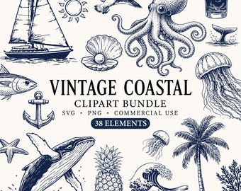 May include: A collection of vintage coastal clipart elements in navy blue, including a sailboat, octopus, whale, and jellyfish. The text reads "Vintage Coastal Clipart Bundle" with "38 Elements" and usage information.