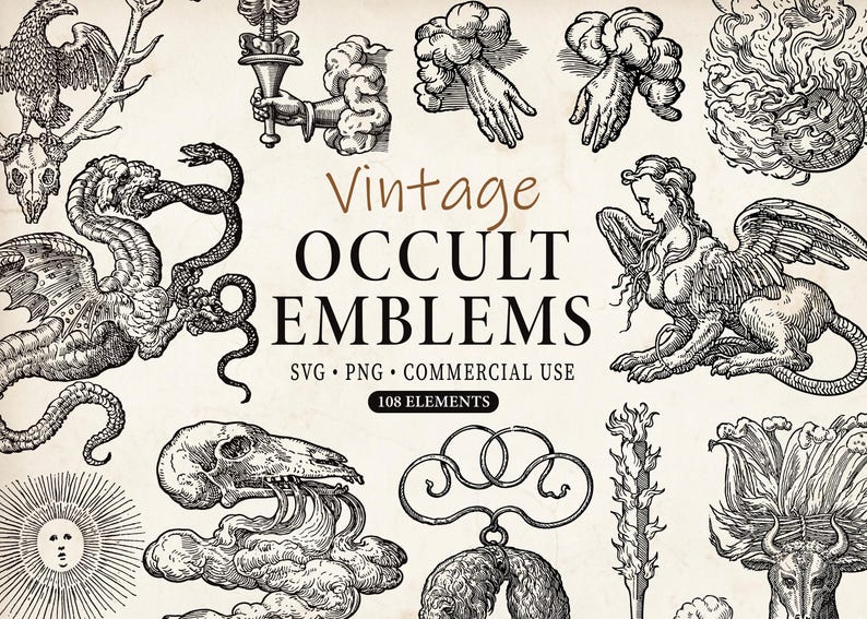 Op de afbeelding: Een verzameling vintage occulte emblemen in zwart-wit, waaronder een draak, sfinx, handen en andere mystieke illustraties. De tekst "Vintage Occult Emblems" wordt boven de illustraties weergegeven.