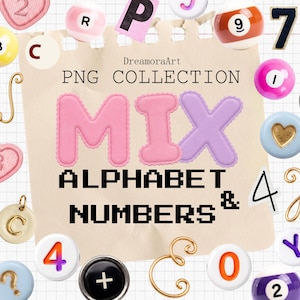Op de afbeelding: Een digitale collectie van diverse letters en cijfers in verschillende stijlen, waaronder kleurrijke biljartballen, gouden bedels, typemachinetoetsen en geborduurde patches op een rasterachtergrond met de tekst DreamoraArt PNG COLLECTION MIX ALPHABET & NUMBERS.