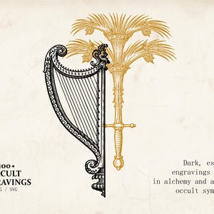 Op de afbeelding: Zwart-gouden illustratie van een harp en een zwaardachtig object met een palmboomontwerp. De tekst luidt "100+ Occulte Gravures" en "Donkere, esoterische gravures geworteld in alchemie en oude occulte symboliek."