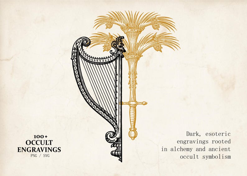 Op de afbeelding: Zwart-gouden illustratie van een harp en een zwaardachtig object met een palmboomontwerp. De tekst luidt "100+ Occulte Gravures" en "Donkere, esoterische gravures geworteld in alchemie en oude occulte symboliek."