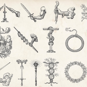 Op de afbeelding: Een verzameling zwart-wit illustraties met mystieke en symbolische beelden. Afbeeldingen omvatten handen met kaarsen, zwaarden, een staf met een oog, een slang rond een kruis en een krans. De stijl doet denken aan vintage gravures.