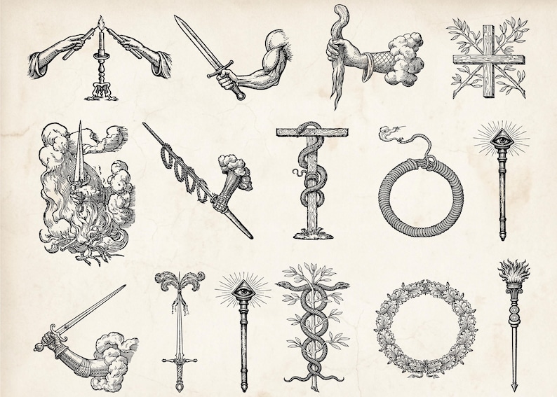 Op de afbeelding: Een verzameling zwart-wit illustraties met mystieke en symbolische beelden. Afbeeldingen omvatten handen met kaarsen, zwaarden, een staf met een oog, een slang rond een kruis en een krans. De stijl doet denken aan vintage gravures.