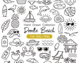 May include: Black and white hand-drawn collection of beach-themed doodles. Includes a wave, beach bag, bikini, seashell, palm trees, anchor, surfboard, seagull, sun, pineapple, sailboat, dolphin, turtle, sunglasses, and more.