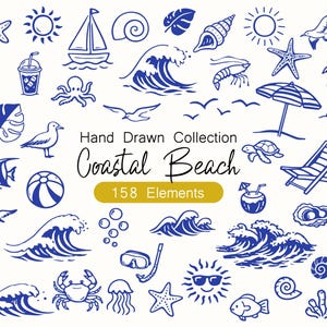 Könnte beinhalten: Handgezeichnete Sammlung von Küstenstrandelementen in Blau auf weißem Hintergrund. Enthält Illustrationen von Wellen, Muscheln, Palmen, einem Segelboot und den Text "Coastal Beach 158 Elements".