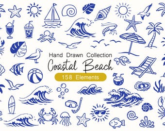 Coastal Clipart Bundle SVG PNG – 150+ Beach Doodles, Ocean Nautical Elements, Sea Life Line Art, Cricut Cut Files, Commercial Use