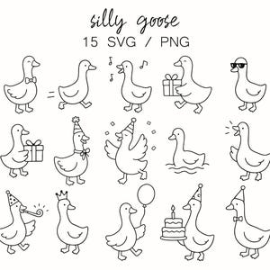 May include: Black and white line art illustrations of geese in various poses. Some geese wear bow ties, party hats, and sunglasses. One goose carries a gift, another a birthday cake, and another a balloon. Text at the top reads "silly goose 15 SVG / PNG."