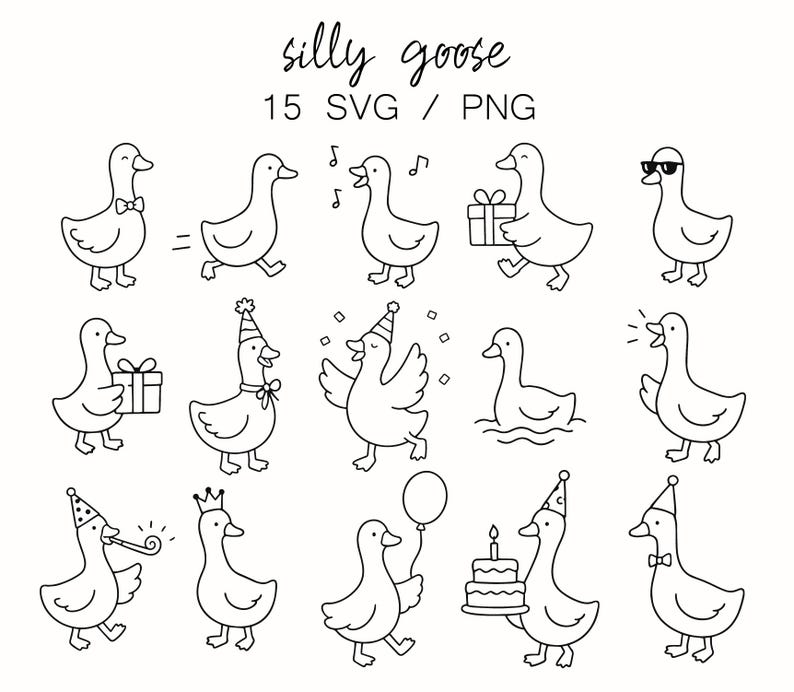 May include: Black and white line art illustrations of geese in various poses. Some geese wear bow ties, party hats, and sunglasses. One goose carries a gift, another a birthday cake, and another a balloon. Text at the top reads "silly goose 15 SVG / PNG."