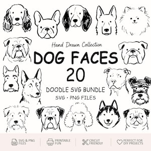 Könnte beinhalten: Eine digitale Sammlung von 20 handgezeichneten Hunde-Gesicht-Illustrationen in Schwarz-Weiß. Der Text lautet Hand Drawn Collection DOG FACES 20 DOODLE SVG BUNDLE SVG PNG FILES. Symbole unten zeigen SVG PNG FILES, PRINTABLE FUN, CRICUT FRIENDLY und PERFECT FOR DIY PROJECTS.